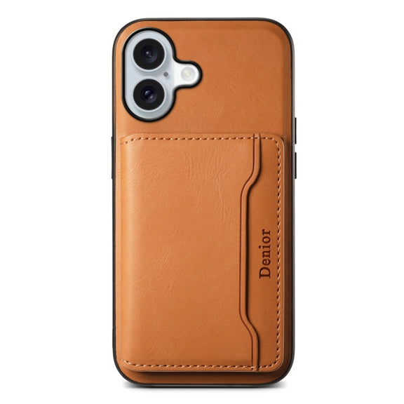 For iPhone 16 Denior Cowhide Texture Leather MagSafe Detachable Wallet Phone Case(Khaki)