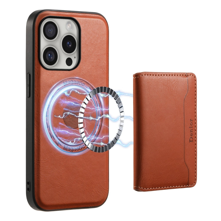 For iPhone 16 Pro Denior Cowhide Texture Leather MagSafe Detachable Wallet Phone Case(Brown) - iPhone 16 Pro Cases by Denior | Online Shopping South Africa | PMC TechLife | Buy Now Pay Later Mobicred
