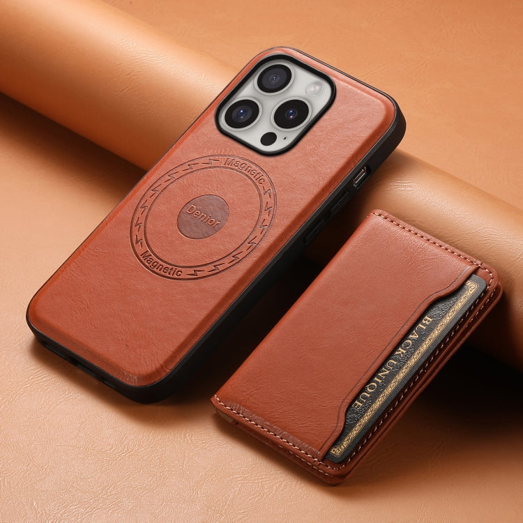 For iPhone 16 Pro Denior Cowhide Texture Leather MagSafe Detachable Wallet Phone Case(Brown) - iPhone 16 Pro Cases by Denior | Online Shopping South Africa | PMC TechLife | Buy Now Pay Later Mobicred