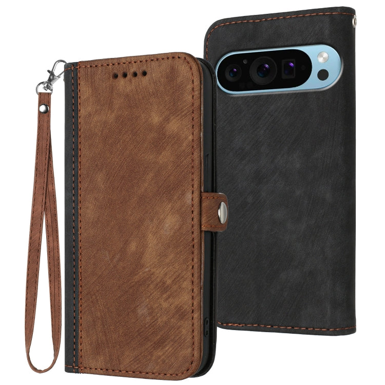 For Google Pixel 9 Side Buckle Double Fold Hand Strap Leather Phone Case(Brown) - Google Cases by PMC TechLife | Online Shopping South Africa | PMC TechLife | Buy Now Pay Later Mobicred