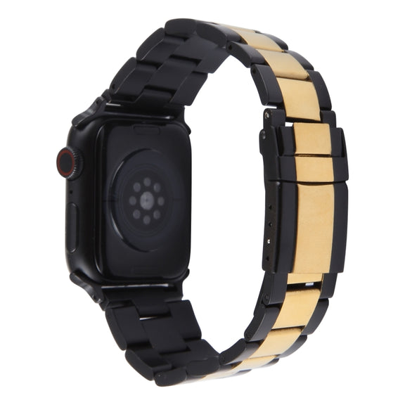 For Apple Watch SE 44mm Three-Bead Stainless Steel Watch Band(Black Gold)