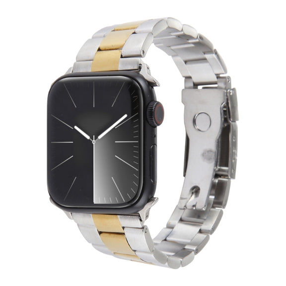 For Apple Watch Series 6 40mm Three-Bead Stainless Steel Watch Band(Silver Gold)