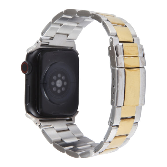 For Apple Watch Series 6 44mm Three-Bead Stainless Steel Watch Band(Silver Gold)