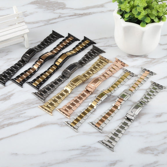 For Apple Watch Series 3 38mm Three-Bead Stainless Steel Watch Band(Black)