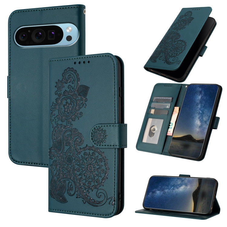 For Google Pixel 9 Pro Datura Flower Embossed Flip Leather Phone Case(Dark Green) - Google Cases by PMC TechLife | Online Shopping South Africa | PMC TechLife | Buy Now Pay Later Mobicred