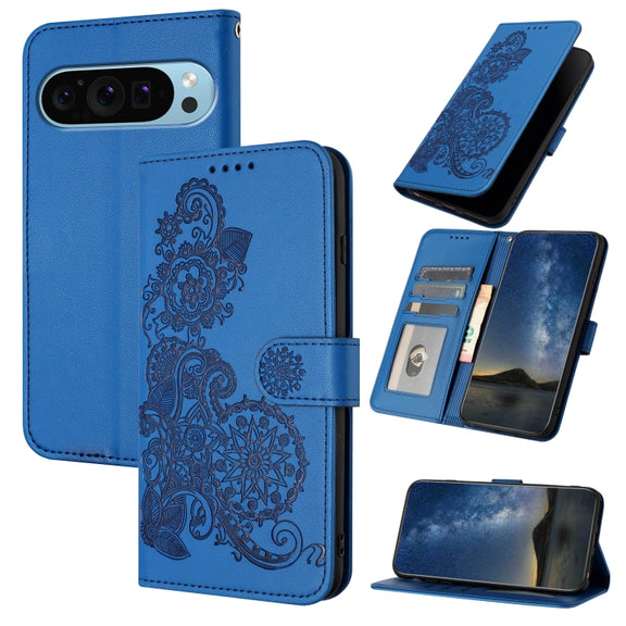 For Google Pixel 9 Datura Flower Embossed Flip Leather Phone Case(Blue)