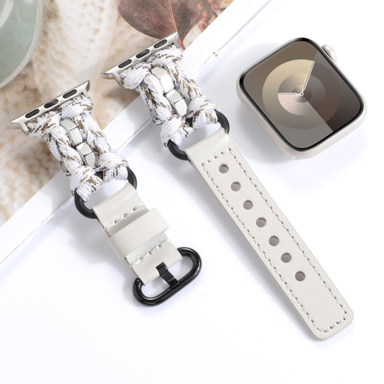 For Apple Watch Ultra 2 49mm Paracord Genuine Leather Watch Band(White Khaki)