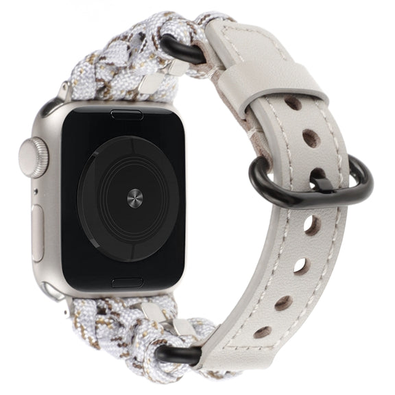 For Apple Watch Ultra 2 49mm Paracord Genuine Leather Watch Band(White Khaki)