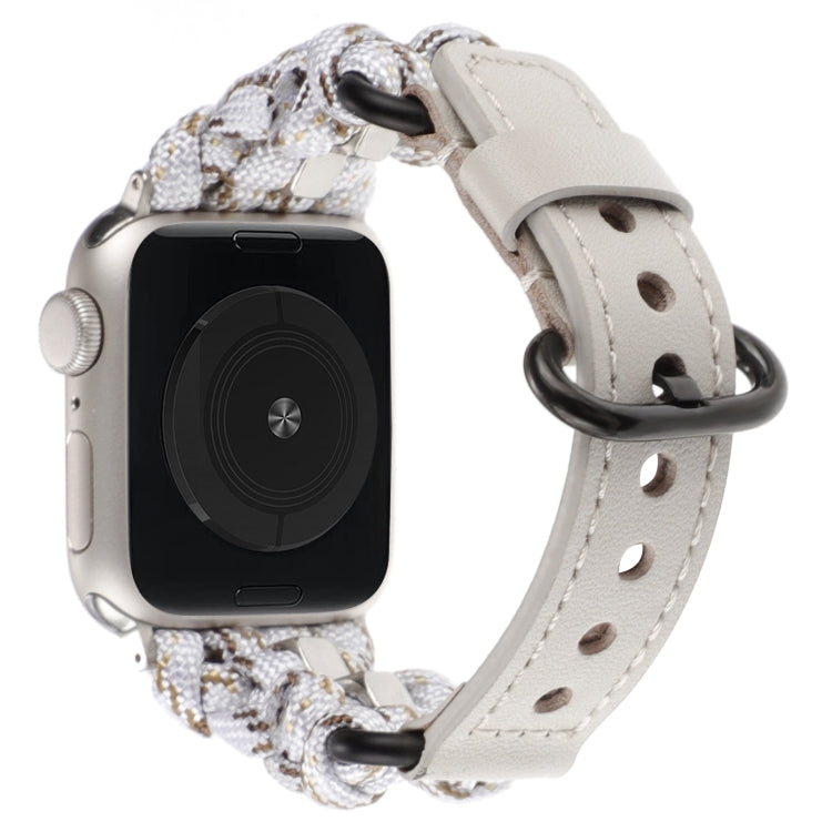 For Apple Watch Ultra 2 49mm Paracord Genuine Leather Watch Band(White Khaki)