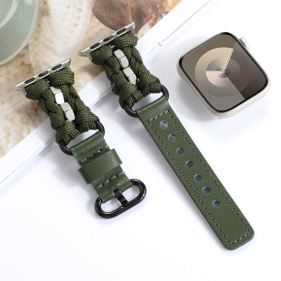 For Apple Watch Ultra 2 49mm Paracord Genuine Leather Watch Band(Army Green)