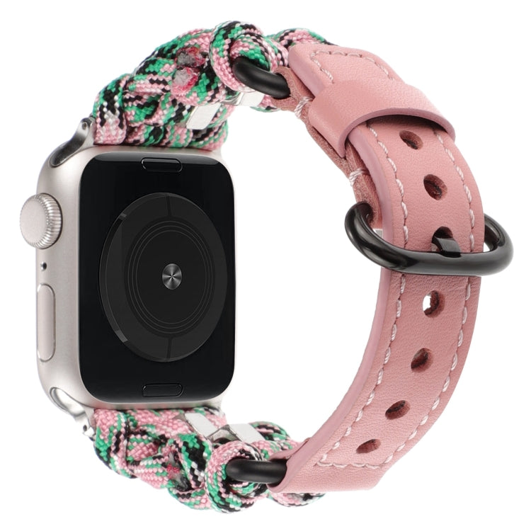 For Apple Watch Ultra 49mm Paracord Genuine Leather Watch Band(Pink Camo)