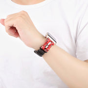 For Apple Watch Ultra 49mm Paracord Genuine Leather Watch Band(Black Red Camo)