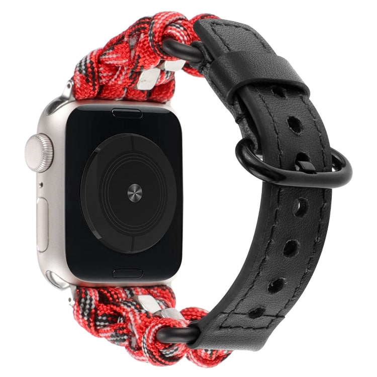 For Apple Watch Ultra 49mm Paracord Genuine Leather Watch Band(Black Red Camo)
