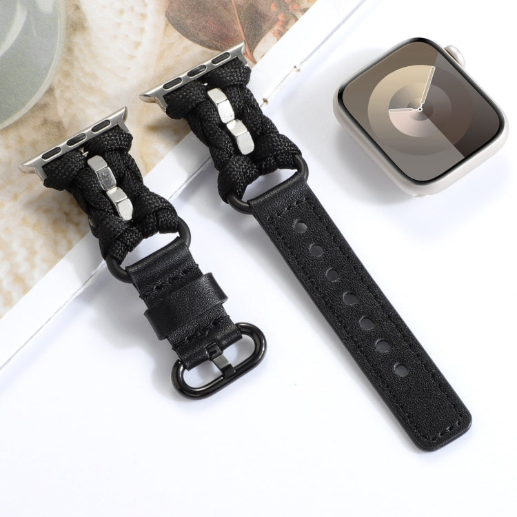 For Apple Watch Ultra 49mm Paracord Genuine Leather Watch Band(Black)