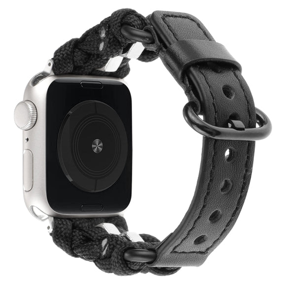 For Apple Watch Ultra 49mm Paracord Genuine Leather Watch Band(Black)
