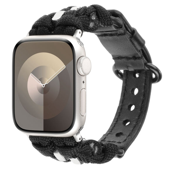 For Apple Watch Ultra 49mm Paracord Genuine Leather Watch Band(Black)