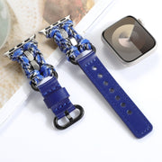 For Apple Watch Ultra 49mm Paracord Genuine Leather Watch Band(Blue Camo)