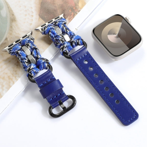 For Apple Watch Ultra 49mm Paracord Genuine Leather Watch Band(Blue Camo)