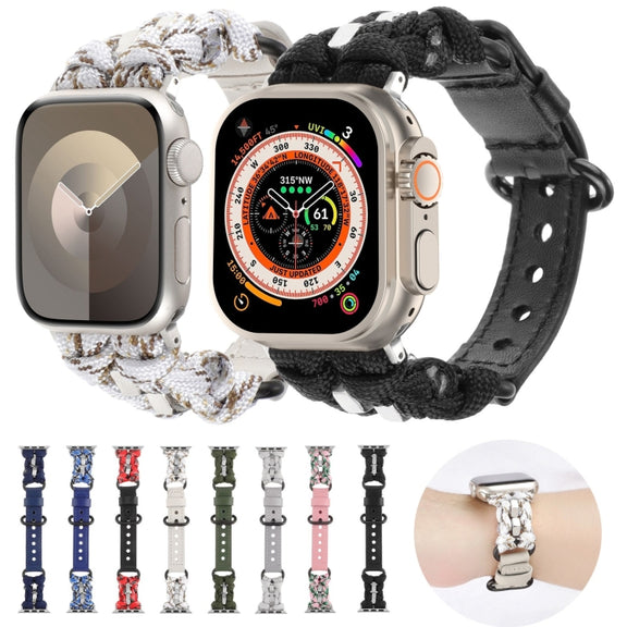 For Apple Watch Ultra 49mm Paracord Genuine Leather Watch Band(Black Red Camo)