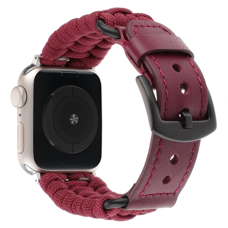 For Apple Watch Ultra 2 49mm Plain Paracord Genuine Leather Watch Band(Wine Red)