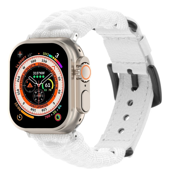 For Apple Watch Ultra 2 49mm Plain Paracord Genuine Leather Watch Band(White)