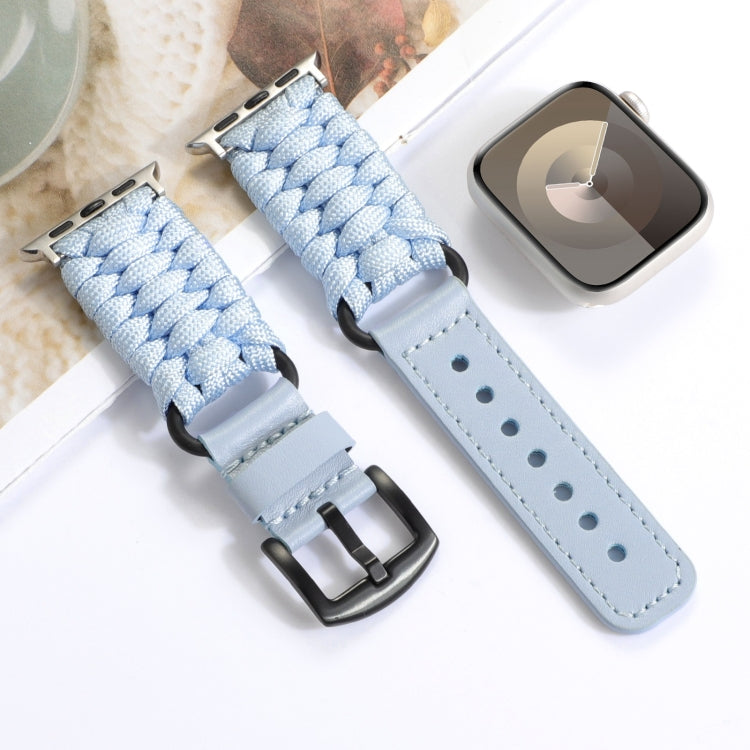 For Apple Watch Ultra 49mm Plain Paracord Genuine Leather Watch Band(Baby Blue)
