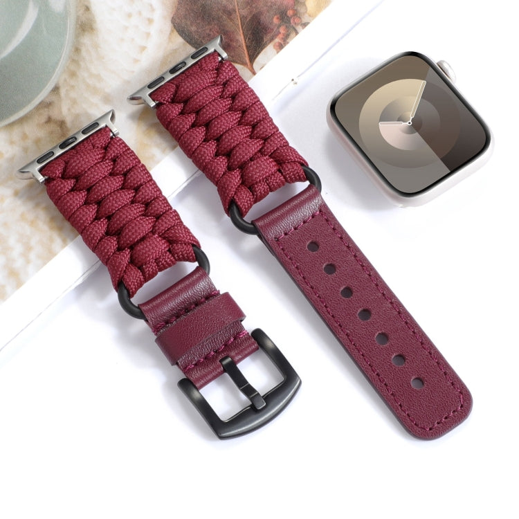 For Apple Watch Ultra 49mm Plain Paracord Genuine Leather Watch Band(Wine Red) - Watch Bands by PMC TechLife | Online Shopping South Africa | PMC TechLife | Buy Now Pay Later Mobicred