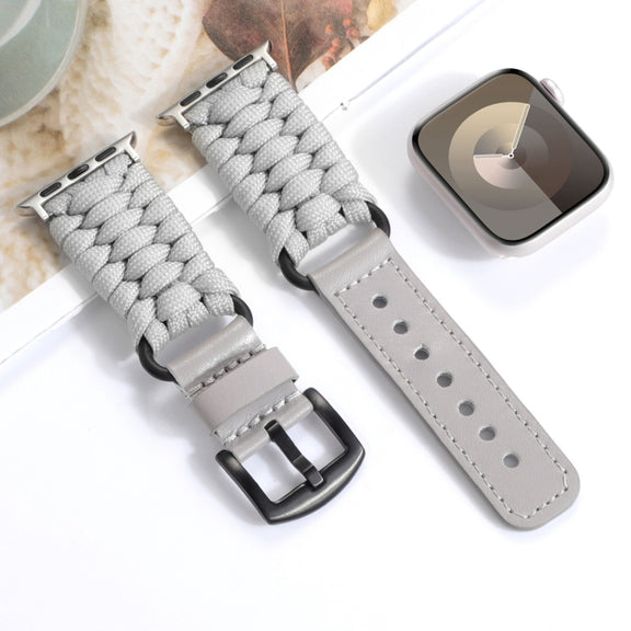 For Apple Watch Ultra 49mm Plain Paracord Genuine Leather Watch Band(Grey)