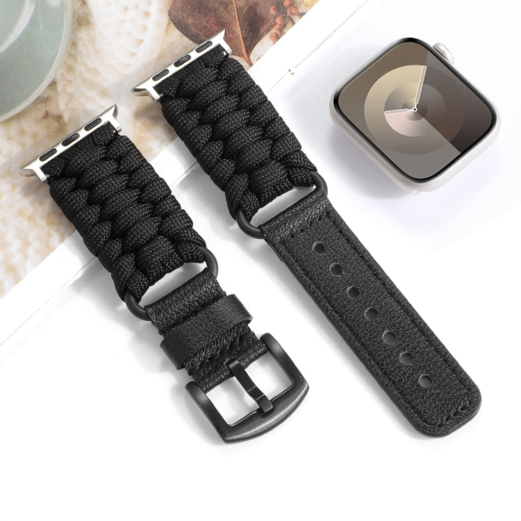 For Apple Watch Ultra 49mm Plain Paracord Genuine Leather Watch Band(Black)