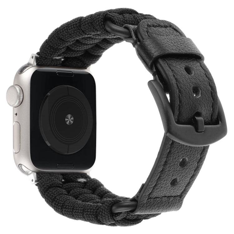 For Apple Watch Ultra 49mm Plain Paracord Genuine Leather Watch Band(Black)