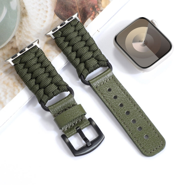 For Apple Watch Ultra 49mm Plain Paracord Genuine Leather Watch Band(Army Green)