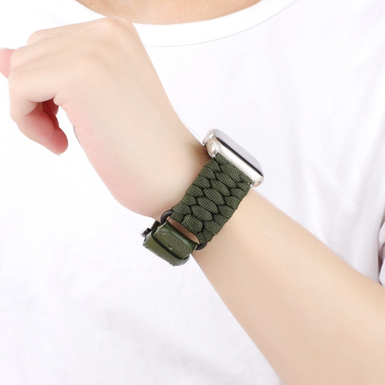 For Apple Watch Ultra 49mm Plain Paracord Genuine Leather Watch Band(Army Green)