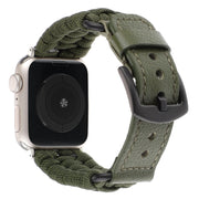 For Apple Watch Ultra 49mm Plain Paracord Genuine Leather Watch Band(Army Green)