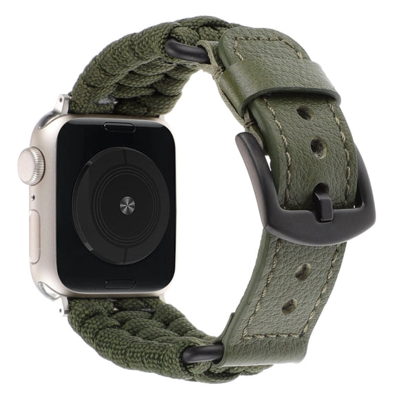 For Apple Watch Ultra 49mm Plain Paracord Genuine Leather Watch Band(Army Green)