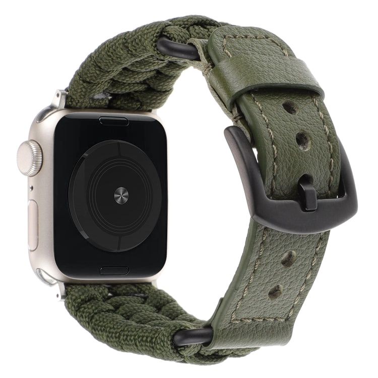 For Apple Watch Ultra 49mm Plain Paracord Genuine Leather Watch Band(Army Green)