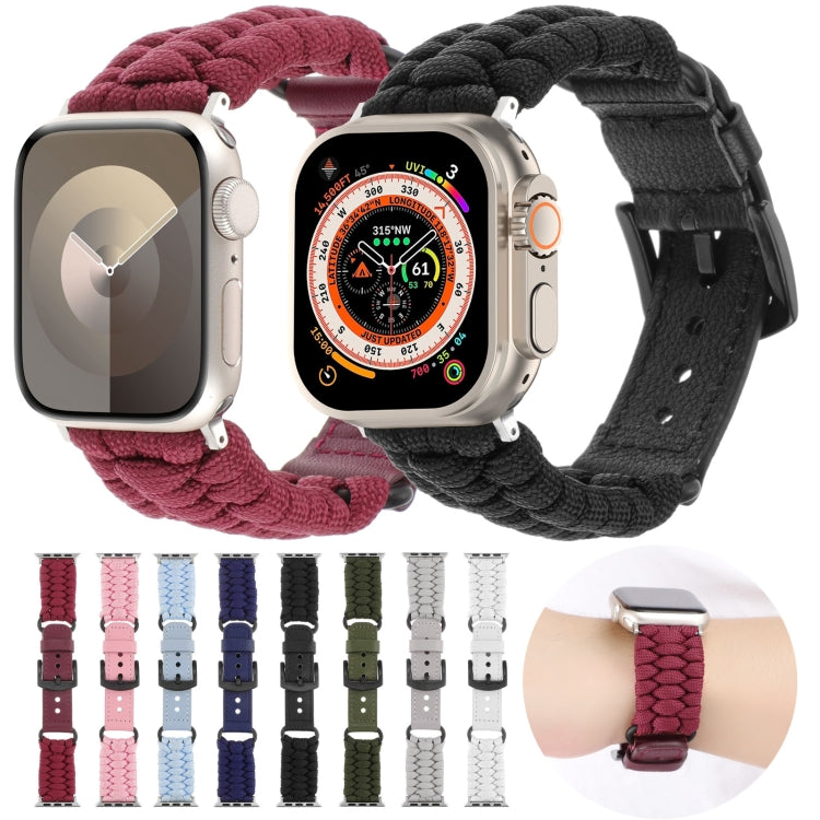 For Apple Watch Ultra 49mm Plain Paracord Genuine Leather Watch Band(Black)