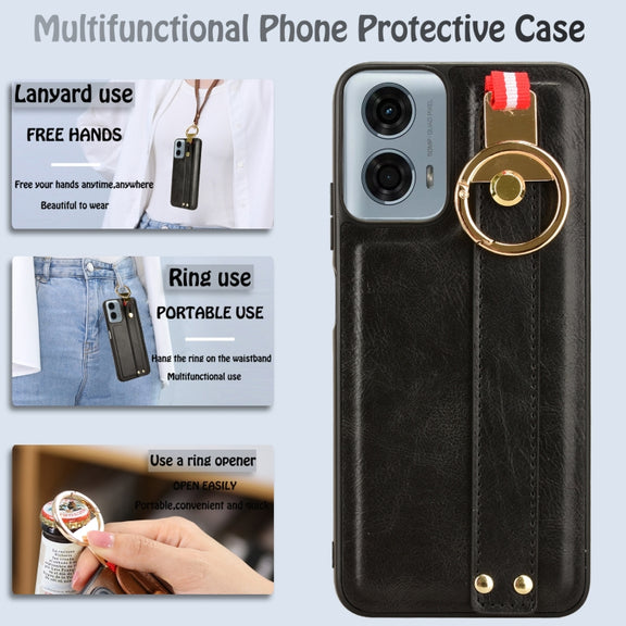 For Motorola Moto G Power 2024 Wristband Leather Back Phone Case(Black)