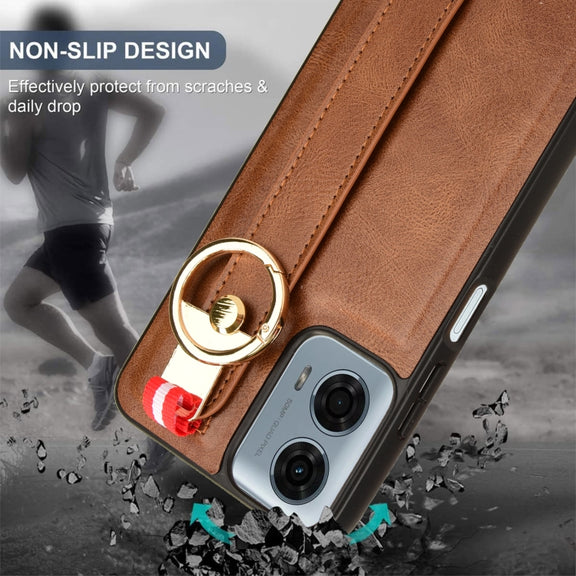 For Motorola Moto G Power 2024 Wristband Leather Back Phone Case(Brown)