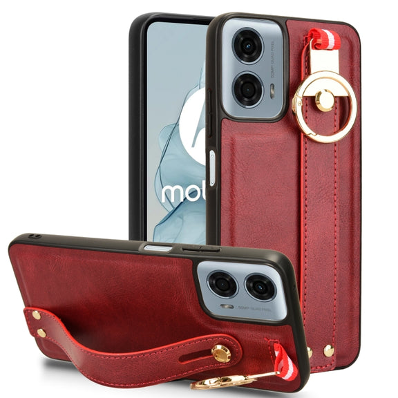 For Motorola Moto G 5G 2024 Wristband Leather Back Phone Case(Red)