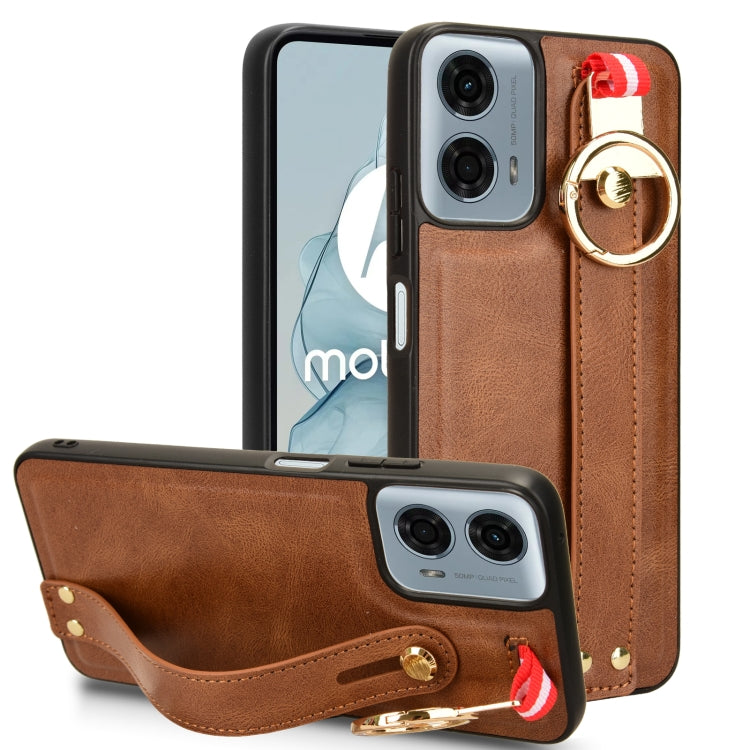 For Motorola Moto G 5G 2024 Wristband Leather Back Phone Case(Brown) - Motorola Cases by PMC Jewellery | Online Shopping South Africa | PMC Jewellery | Buy Now Pay Later Mobicred