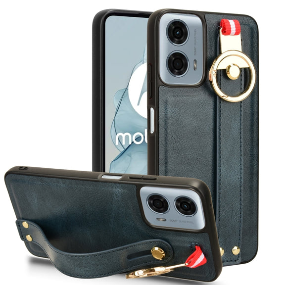 For Motorola Moto G Play 5G 2024 Wristband Leather Back Phone Case(Blue)