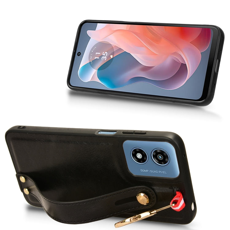 For Motorola Moto G Play 4G 2024 Wristband Leather Back Phone Case(Black) - Motorola Cases by PMC Jewellery | Online Shopping South Africa | PMC Jewellery | Buy Now Pay Later Mobicred