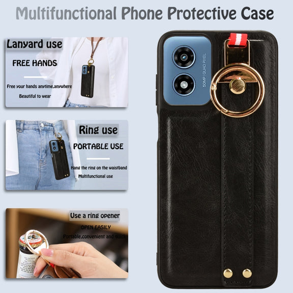 For Motorola Moto G Play 4G 2024 Wristband Leather Back Phone Case(Black)