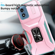 For Motorola Moto G Play 2024 Sliding Camshield Holder Phone Case(Pink + Grey Green)