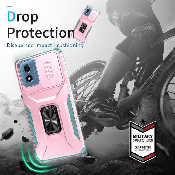 For Motorola Moto G Play 2024 Sliding Camshield Holder Phone Case(Pink + Grey Green)