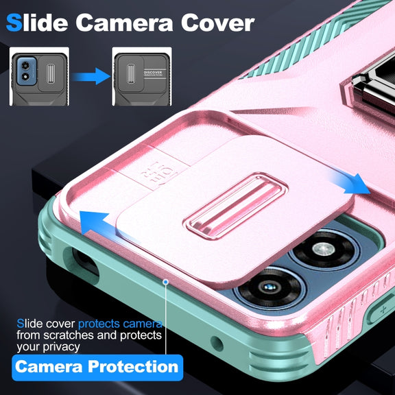 For Motorola Moto G Play 2024 Sliding Camshield Holder Phone Case(Pink + Grey Green)