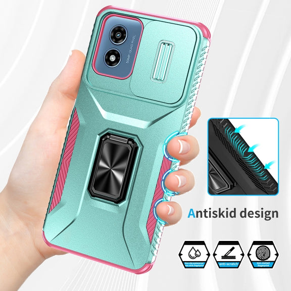For Motorola Moto G Play 2024 Sliding Camshield Holder Phone Case(Grey Green + Pink)