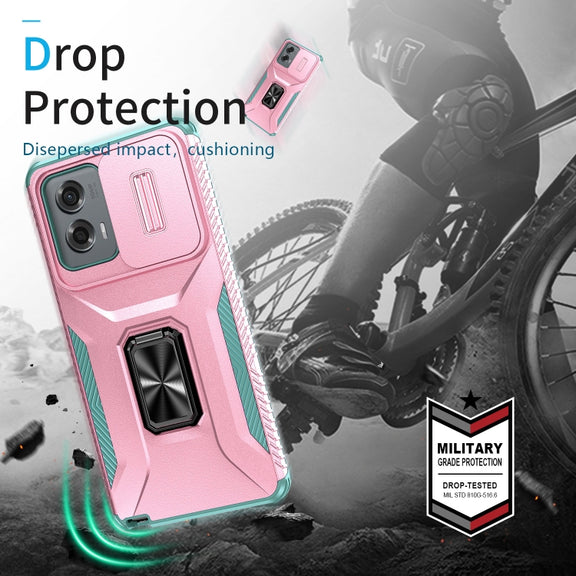 For Motorola Moto G Stylus 2024 Sliding Camshield Holder Phone Case(Pink + Grey Green)