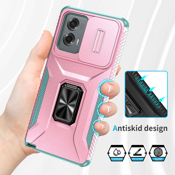 For Motorola Moto G Stylus 2024 Sliding Camshield Holder Phone Case(Pink + Grey Green)
