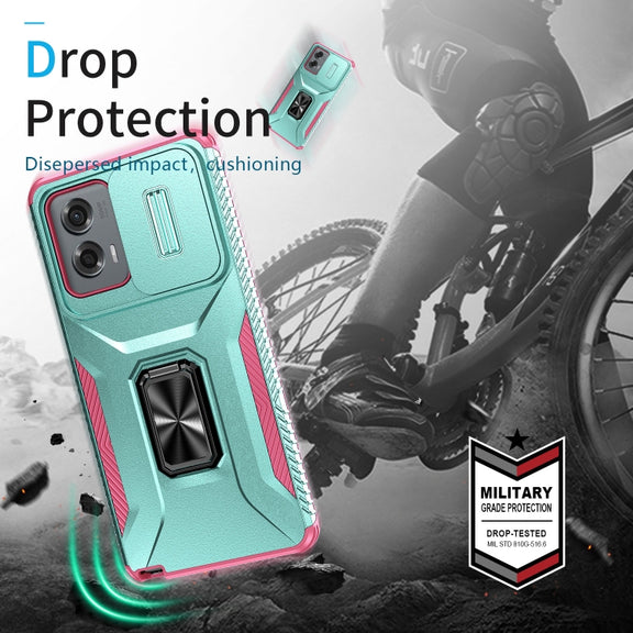 For Motorola Moto G Stylus 2024 Sliding Camshield Holder Phone Case(Grey Green + Pink)